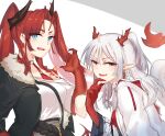  2girls :d arknights bangs bare_shoulders black_jacket blue_eyes commentary_request eyebrows_visible_through_hair fur-trimmed_jacket fur_trim grey_background hand_up highres horns jacket long_hair looking_at_viewer mabing multiple_girls nian_(arknights) off-shoulder_shirt off_shoulder open_mouth oripathy_lesion_(arknights) pointy_ears redhead shirt silver_hair smile tail toddifons_(arknights) twintails two-tone_background upper_body violet_eyes white_background white_jacket white_shirt 