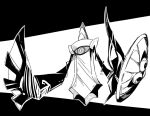  aegislash full_body gen_6_pokemon greyscale high_contrast highres holding holding_shield ma_sakasama monochrome no_humans pokemon pokemon_(creature) shield solo sword weapon 