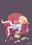  1girl armchair bare_legs barefoot blonde_hair blush chair chips closed_eyes cutoffs demon_tail denim denim_shorts easy_chair eating fang feet food highres legs off_shoulder original pointy_ears shorts snack solo tail ueno_musashi 