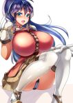  1girl absurdres alternate_breast_size black_panties blue_eyes blue_hair blush breasts dress eyebrows_visible_through_hair fire_emblem fire_emblem:_the_sacred_stones fire_emblem_heroes gloves highres huge_breasts jewelry long_hair looking_at_viewer necklace open_mouth panties ponytail red_dress tana_(fire_emblem) tea_texiamato thighhighs underwear white_gloves white_legwear white_thighhighs 