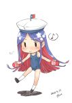  1girl absurdres artist_name blue_hair blue_swimsuit chibi cosplay dated dress eighth_note fairy_(kancolle) flag full_body fyuo hat highres kantai_collection long_hair multicolored_hair musical_note redhead sailor_hat school_swimsuit solo south_dakota_(kancolle) spoken_musical_note standing star_(symbol) swimsuit tenga white_hair white_headwear 