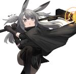 1girl animal_ears arknights bangs black_gloves black_legwear character_name commentary_request eyebrows_visible_through_hair gloves grey_background grey_eyes grey_hair hair_between_eyes highres holding holding_weapon long_hair looking_at_viewer open_mouth pantyhose rabbit_ears raw_egg_lent savage_(arknights) simple_background solo standing standing_on_one_leg thigh-highs translated weapon
