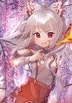  1girl :q absurdres bangs blood blurry blurry_foreground bow breasts cuts depth_of_field eyebrows_visible_through_hair fire floating_hair flower fujiwara_no_mokou hair_bow hand_up high-waist_pants highres huge_filesize injury light_blush long_hair long_sleeves looking_at_viewer ofuda omodaka_romu outdoors pants pink_flower pyrokinesis red_eyes red_pants shirt silver_hair small_breasts solo suspenders sweat tongue tongue_out touhou upper_body v-shaped_eyebrows very_long_hair white_bow white_shirt wisteria 