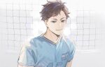  1boy bangs brown_eyes brown_hair haikyuu!! looking_at_viewer male_focus oikawa_tooru_(haikyuu!!) ri_mumu short_hair simple_background solo sportswear volleyball_net volleyball_uniform 