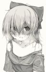  1girl bare_shoulders bow breath commentary crop_top cropped_shirt exhausted hair_bow long_hair looking_at_viewer monochrome mushoku_loli mushoku_loli_(character) original strap_slip sweat 