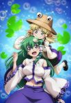  2girls :d blonde_hair blue_eyes blush_stickers breasts brown_headwear closed_mouth commentary_request detached_sleeves eyebrows_visible_through_hair eyes frog_hair_ornament green_hair hair_ornament hair_tubes hands_on_another&#039;s_head hat kochiya_sanae large_breasts long_hair looking_at_another lunamoon midriff moriya_suwako multiple_girls navel open_mouth smile snake_hair_ornament thigh-highs touhou white_legwear wide_sleeves 