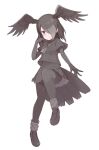  1girl bird_girl bird_tail bird_wings black_footwear black_gloves black_hair black_legwear black_neckwear black_shirt black_skirt blue_eyes elbow_gloves eyebrows_visible_through_hair frilled_skirt frills full_body gloves hair_over_one_eye head_wings highres jungle_crow_(kemono_friends) kemono_friends loafers neckerchief note_(suzu_note000) pantyhose pleated_skirt school_uniform serafuku shirt shoes short_hair short_sleeves skirt socks solo wings 