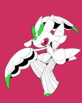  black_eyes colored_sclera full_body gen_7_pokemon highres looking_at_viewer lurantis ma_sakasama no_humans pokemon pokemon_(creature) red_background red_sclera simple_background solid_oval_eyes solo striped 