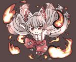  1girl :&gt; bangs black_background black_footwear bow closed_mouth collared_shirt commentary_request eyebrows_visible_through_hair fire fujiwara_no_mokou grey_hair hair_bow long_hair looking_at_viewer multicolored_bow multiple_bows ofuda ofuda_on_clothes pants partial_commentary pyrokinesis red_bow red_eyes red_pants rokugou_daisuke shirt short_sleeves signature simple_background smile solo suspenders symbol_commentary touhou v-shaped_eyebrows very_long_hair white_bow white_shirt 