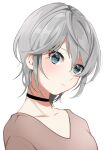  1girl anastasia_(idolmaster) bangs black_choker blue_eyes choker closed_mouth collarbone frown grey_shirt hair_between_eyes haruno_(haruno_na) highres idolmaster idolmaster_cinderella_girls shiny shiny_hair shirt short_hair silver_hair simple_background solo upper_body white_background 