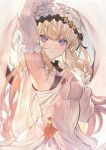  1girl absurdres arm_up armpits bangs betabeet blonde_hair blunt_bangs blush breasts cagliostro_(granblue_fantasy) closed_mouth detached_sleeves dress eyebrows_visible_through_hair flower granblue_fantasy hair_ornament hair_over_one_eye highres long_hair long_sleeves looking_at_viewer medium_breasts rose scowl sideboob solo star_(symbol) star_hair_ornament upper_body v-shaped_eyebrows very_long_hair violet_eyes white_dress white_flower white_rose 