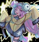 1girl :d anzu_(01010611) bangs blush commentary_request dress film_grain green_hair grey_dress highres iono_(pokemon) jacket long_hair looking_at_viewer open_mouth pokemon pokemon_(game) pokemon_sv purple_hair sharp_teeth sleeves_past_fingers sleeves_past_wrists smile solo star_(symbol) teeth thigh_strap tongue twintails violet_eyes yellow_jacket