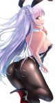  1girl ajax_(azur_lane) alternate_costume animal_ears ass azur_lane bare_shoulders black_footwear black_legwear blush breasts bunny_tail detached_collar eyebrows_visible_through_hair fake_animal_ears hair_ornament high_heels highres long_hair looking_at_viewer open_mouth pantyhose pink_eyes playboy_bunny poco. purple_hair rabbit_ears shoes small_breasts smile tail 