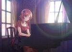  1girl bangs birthday commentary_request curtains dress eyebrows_visible_through_hair flower hair_flower hair_ornament instrument jewelry love_live! love_live!_school_idol_project music necklace nishikino_maki piano playing_instrument playing_piano red_dress redhead shamakho short_hair short_sleeves sidelocks sitting solo violet_eyes window 
