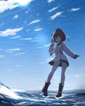  1girl blue_sky brown_eyes brown_hair cherry_blossoms clouds day dress flower full_body hair_flower hair_ornament headgear kantai_collection long_sleeves neve ocean outdoors panties remodel_(kantai_collection) sailor_dress short_hair sky solo standing standing_on_liquid underwear white_panties yukikaze_(kancolle) 