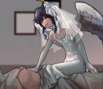  1boy 1other alternate_costume androgynous bangs bare_shoulders black_hair blue_hair blurry blurry_background braid bridal_gauntlets bridal_veil chest_tattoo choker covered_navel dress drooling elbow_gloves feathered_wings flower frills genshin_impact gloves gradient_hair green_eyes hair_flower hair_ornament male_focus multicolored_hair open_mouth picture_frame short_hair_with_long_locks sleeveless smile solo_focus symbol_commentary tattoo twin_braids veil venti_(genshin_impact) white_dress white_flower wings xiao_iao 