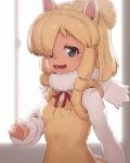  1g 1girl alpaca_ears alpaca_girl alpaca_suri_(kemono_friends) alpaca_tail animal_ears beige_vest blue_eyes commentary_request cowboy_shot eyebrows_visible_through_hair fur_collar fur_trim hair_bun hair_over_one_eye hair_tubes kemono_friends long_sleeves looking_at_viewer neck_ribbon open_mouth red_neckwear ribbon short_hair sweater tail white_fur white_hair white_sweater 