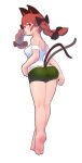  1girl absurdres animal_ears bare_shoulders barefoot black_bow bow braid cat_ears cat_tail extra_ears green_shorts hair_bow highres kaenbyou_rin long_hair multiple_tails red_eyes redhead serakawa shorts sleeveless solo tail tank_top touhou twin_braids white_tank_top 