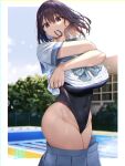  1girl bangs blush breasts brown_hair clothes_pull highres large_breasts looking_at_viewer oekakizuki one-piece_swimsuit original shirt_lift skirt skirt_pull smile solo swimsuit thick_thighs thighs 