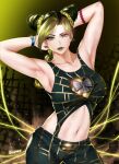  1girl armpits arms_behind_head arms_up black_hair black_pants blonde_hair breasts collarbone contrapposto double_bun easonx glint green_eyes green_lips hair_cones highres jojo_no_kimyou_na_bouken kujo_jolyne large_breasts long_hair midriff multicolored_hair navel pants ponytail solo standing stone_ocean two-tone_hair 