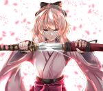  1girl absurdres black_bow blonde_hair bow drawing_sword fate/grand_order fate_(series) grey_eyes hair_bow hakama highres holding holding_sheath holding_sword holding_weapon japanese_clothes katana kentan_(kingtaiki) kimono okita_souji_(fate) okita_souji_(fate)_(all) pink_kimono red_hakama scabbard sheath solo sword unsheathing upper_body weapon wide_sleeves 