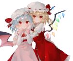  2girls absurdres ascot bat_wings blonde_hair blush brooch closed_mouth commentary_request cowboy_shot crystal dress eyebrows_visible_through_hair flandre_scarlet hands_on_own_cheeks hands_on_own_face hat highres hug huge_filesize jewelry juliet_sleeves long_sleeves looking_at_viewer mob_cap multiple_girls omodaka_romu pink_dress puffy_sleeves red_dress red_eyes red_neckwear remilia_scarlet short_hair siblings sisters smile touhou transparent_background upper_body white_headwear wings yellow_neckwear 