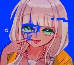  1girl :p ameko53133 bangs blue_background collarbone dangan_ronpa_(series) dangan_ronpa_v3:_killing_harmony eyebrows_visible_through_hair face green_eyes hand_up heart jacket jewelry looking_at_viewer necklace orange_jacket paint_on_face shell_necklace solo tongue tongue_out upper_body yonaga_angie 