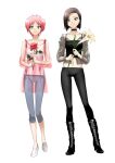  2girls aelita aqua_eyes black_choker black_footwear black_hair black_pants boots choker closed_mouth code_lyoko collarbone contrapposto crop_top cross cross_necklace flower full_body grey_pants high_heel_boots high_heels highres holding holding_flower ishiyama_yumi jewelry knee_boots lily_(flower) looking_at_viewer midriff morihaw multiple_girls navel necklace pants pink_hair pink_shirt red_eyes see-through shiny shiny_hair shirt short_hair simple_background smile standing stomach white_background white_flower white_footwear 