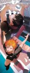  2boys arms_up bangs black_eyes black_hair furumachi_chitarou haikyuu!! highres hinata_shouyou kageyama_tobio looking_at_viewer male_focus multiple_boys open_mouth orange_eyes orange_hair short_hair short_sleeves sportswear volleyball volleyball_uniform 