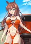  1girl absurdres animal_ears aqua_eyes blue_sky brown_hair car clouds commentary_request cowboy_shot day ground_vehicle highleg highleg_leotard highres horse_ears horse_girl horse_tail kumazan leotard long_hair maruzensky_(umamusume) motor_vehicle orange_leotard outdoors racequeen sky solo standing tail thigh-highs umamusume 