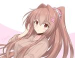  1girl brown_hair brown_sweater cherry_blossoms commentary_request flower hair_flower hair_ornament icesherbet kantai_collection long_hair looking_at_viewer official_alternate_costume ponytail red_eyes ribbed_sweater solo sweater two-tone_background upper_body yamato_(kancolle) 