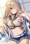  1girl ;&lt; alternate_hairstyle armpits ascot ayanami_(azur_lane) azur_lane bangs bed bed_sheet belt blue_skirt choker collarbone commentary_request detached_sleeves eyebrows_visible_through_hair eyes_visible_through_hair hair_ornament hairclip headgear long_hair looking_at_viewer midriff navel orange_eyes pleated_skirt ponytail retrofit_(azur_lane) school_uniform serafuku sidelocks silver_hair sitting skirt solo sugisaki_yuu thigh-highs two_side_up white_legwear wide_sleeves zettai_ryouiki 