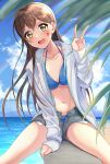  1girl :d aranami_shibuki arm_rest arm_support bang_dream! bangs beach bikini bikini_under_clothes blue_bikini blue_sky blush breasts brown_hair clouds commentary_request day denim denim_shorts drawstring exposed_pocket eyebrows_visible_through_hair feet_out_of_frame green_eyes hanazono_tae heart highres jacket long_hair long_sleeves looking_at_viewer medium_breasts micro_shorts navel ocean open_clothes open_jacket open_mouth outdoors rainbow round_teeth shorts sidelocks sitting sky smile solo spread_legs sticker stomach sweatshirt swimsuit swimwear teeth unzipped upper_teeth v white_jacket 