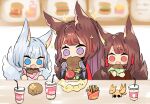  3girls akagi_(azur_lane) amagi_(azur_lane) animal_ears azur_lane bangs blue_eyes blunt_bangs blurry brown_hair commentary_request depth_of_field drinking_straw eating eyebrows_visible_through_hair fang food fox_ears fox_girl fox_tail french_fries hair_ornament hamburger highres holding japanese_clothes kaga_(azur_lane) kyuubi long_hair looking_at_viewer menu_board multiple_girls multiple_tails open_mouth putimaxi red_eyes sidelocks soft_drink sparkle tail thick_eyebrows toy violet_eyes white_hair wide_sleeves 