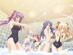  &gt;_&lt; aki_no_urara_no_akane-iro_shoutengai aki_no_urarano_akane_iro_shouten_gai ass bath bikini blonde_hair blue_hair blush bucket everyone fun game_cg hair_ribbon hair_ribbons haneda_yoshimi happy kaneda_ayu long_hair miyamori_chimari odajima_kosuzu odajima_mayu one-piece_swimsuit peko pink_hair ponytail purple_hair red_eyes ribbon school_swimsuit splash swimsuit twintails water 