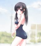  1girl 99ban black_hair blush long_hair school_swimsuit smile solo swimsuit twintails violet_eyes 