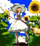  arms_behind_back bad_id bamboo_broom blonde_hair broom chirigami-san flower hat kirisame_marisa rough smile sunflower touhou waist_apron witch_hat 
