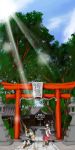 broom highres kirisame_marisa shrine sunlight torii touhou tree trees 