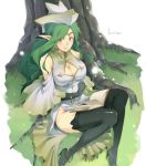  black_legwear blush book boots bracelet breasts circlet cleavage cleavage_cutout elbow_gloves face fantasy gloves green_eyes green_hair hat jewelry kyo kyo_(kuroichigo) large_breasts long_hair original pointy_ears sitting smile solo thigh-highs thigh_boots thighhighs zettai_ryouiki 