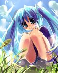  aqua_eyes blue_hair from_below grass hands_on_knees happy hatsune_miku knees_together_feet_apart kobanzame long_hair nature open_mouth smile solo squat squatting twintails vocaloid 