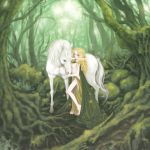  blonde_hair blue_eyes elf fantasy forest long_hair mashiko_hiromi nature original pointy_ears unicorn 