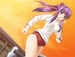  aki_no_urarano_akane_iro_shouten_gai athlete buruma dutch_angle game_cg gym_uniform hair_ribbon hair_ribbons odajima_kosuzu peko ponytail purple_eyes purple_hair raglan_sleeves ribbon running violet_eyes 