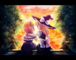  alice_margatroid arm_on_shoulder bangs blonde_hair blue_dress blue_eyes bow capelet cloud dress eye_contact from_behind hat hat_bow hug kirisame_marisa long_hair multiple_girls nose_blush oimo open_mouth outdoors sash sitting sky smile star sunset touhou tree witch witch_hat yellow_eyes 