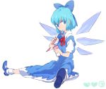  blue_eyes blue_hair bow cirno dress food hair_bow holding holding_spoon mary_janes mitosa shoes short_hair sitting solo spoon touhou wings ⑨ 
