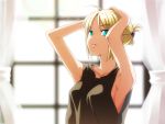  \o/ ahoge alternate_costume armpits arms_up blonde_hair curtains fate/stay_night fate_(series) fukurou green_eyes hair_ornament hairclip hands_on_head looking_at_viewer outstretched_arms saber short_hair solo tank_top window 