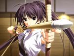  ahoge archery archery_dojo arrow bow_(weapon) bust foreshortening game_cg kyuudou long_hair muneate single_glove solo weapon yugake 