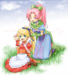  2girls :d aoriku apron blonde_hair breath_of_fire breath_of_fire_iii cape crossover dress frills gloves grass green_eyes kneeling long_hair millie_chliette multiple_girls nina_(breath_of_fire_iii) open_mouth pantyhose payot pink_eyes pink_hair pointy_ears ponytail purple_legwear shoes smile star_ocean star_ocean_first_departure 