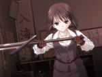  1girl blacksmith brown_eyes brown_hair female game_cg glare glaring gloves sakura_~setsugekka~ short_hair solo source_request sword weapon 