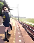  black_hair brown_eyes kneehighs lowres original outdoors outside scarf school_uniform skirt socks train_station zukki_(suzukio) 
