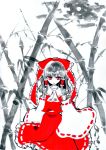  bamboo bamboo_forest black_hair detached_sleeves forest hair_ribbon hair_tubes hakurei_reimu lipstick miri monochrome nature red_eyes red_lipstick ribbon simple_background solo spot_color touhou 